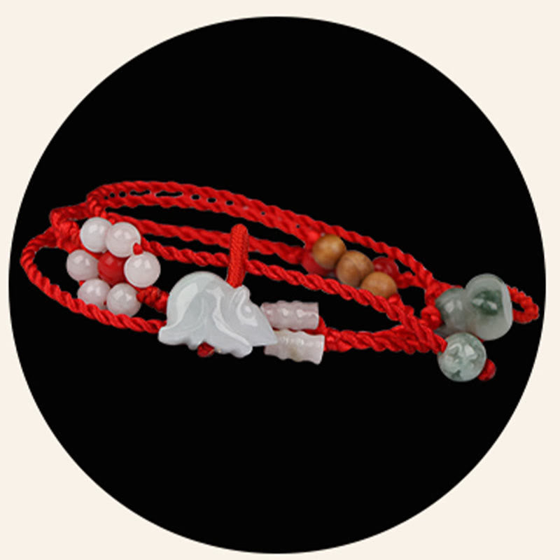 Cadena para el vientre de hilo rojo con bendición de madera de melocotón y piedras de Buda del zodíaco chino
