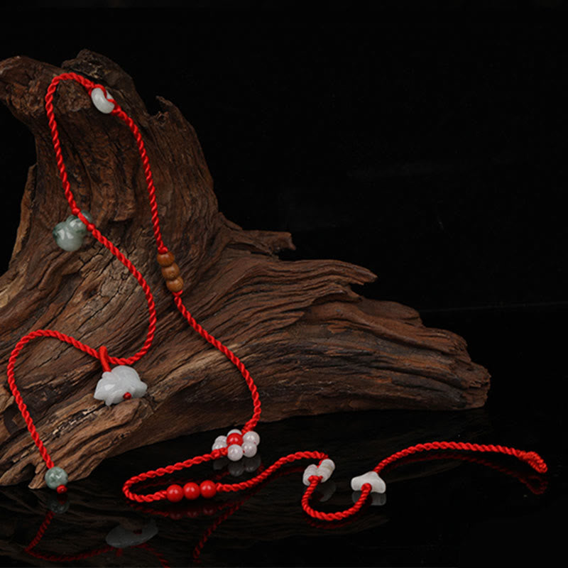 Cadena para el vientre de hilo rojo con bendición de madera de melocotón y piedras de Buda del zodíaco chino