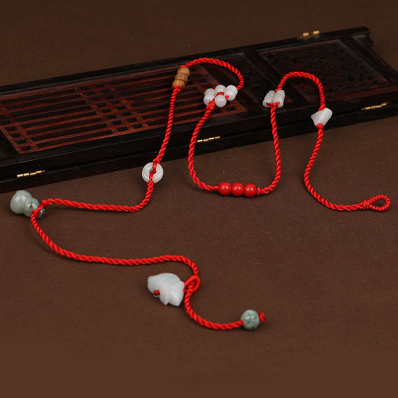 Cadena para el vientre de hilo rojo con bendición de madera de melocotón y piedras de Buda del zodíaco chino