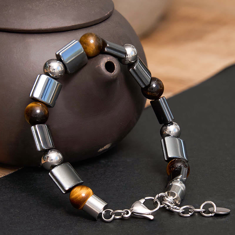 Pulsera de cadena con hebilla de soporte de jaspe Picasso, hematita, ojo de tigre y piedras de Buda