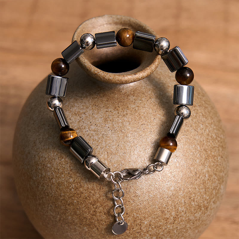 Pulsera de cadena con hebilla de soporte de jaspe Picasso, hematita, ojo de tigre y piedras de Buda