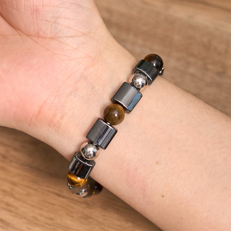 Pulsera de cadena con hebilla de soporte de jaspe Picasso, hematita, ojo de tigre y piedras de Buda