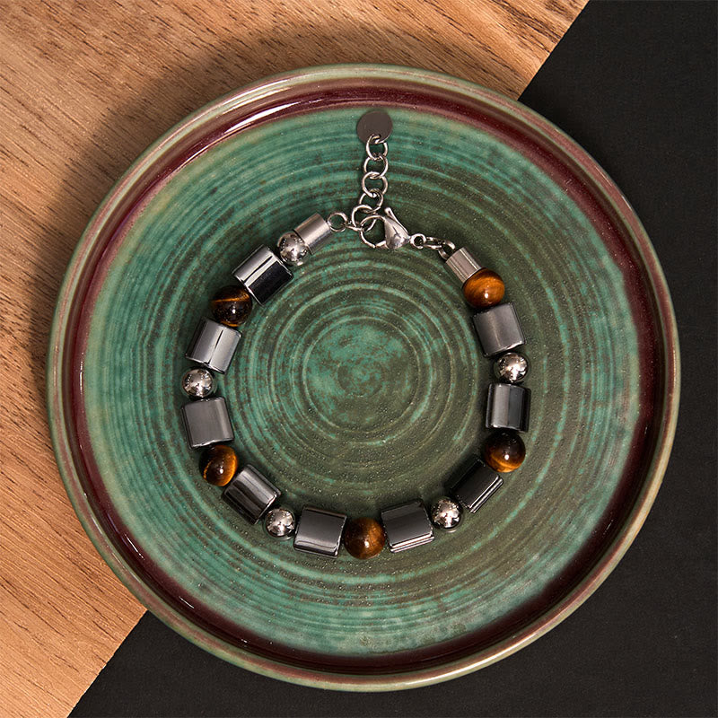 Pulsera de cadena con hebilla de soporte de jaspe Picasso, hematita, ojo de tigre y piedras de Buda