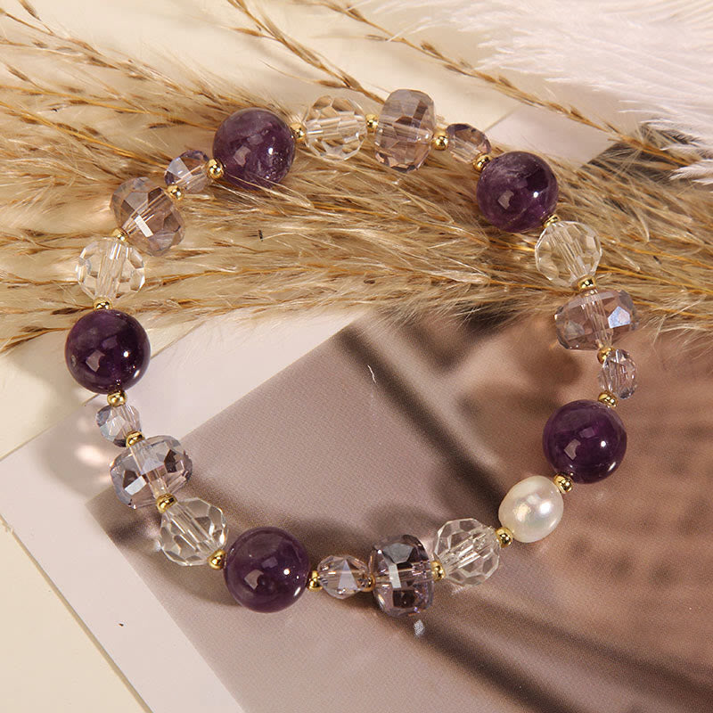 Pulsera de comunicación con piedras de Buda, amatista, cristal blanco y perla