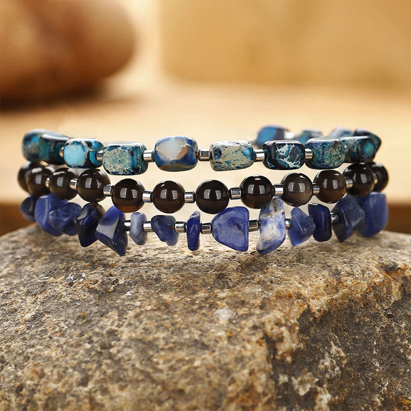 Pulsera de triple vuelta con obsidiana, sodalita y brillo dorado, piedra emperador de Buda