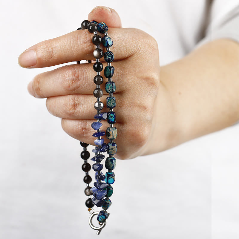 Pulsera de triple vuelta con obsidiana, sodalita y brillo dorado, piedra emperador de Buda