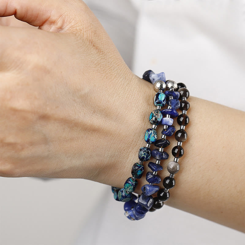 Pulsera de triple vuelta con obsidiana, sodalita y brillo dorado, piedra emperador de Buda