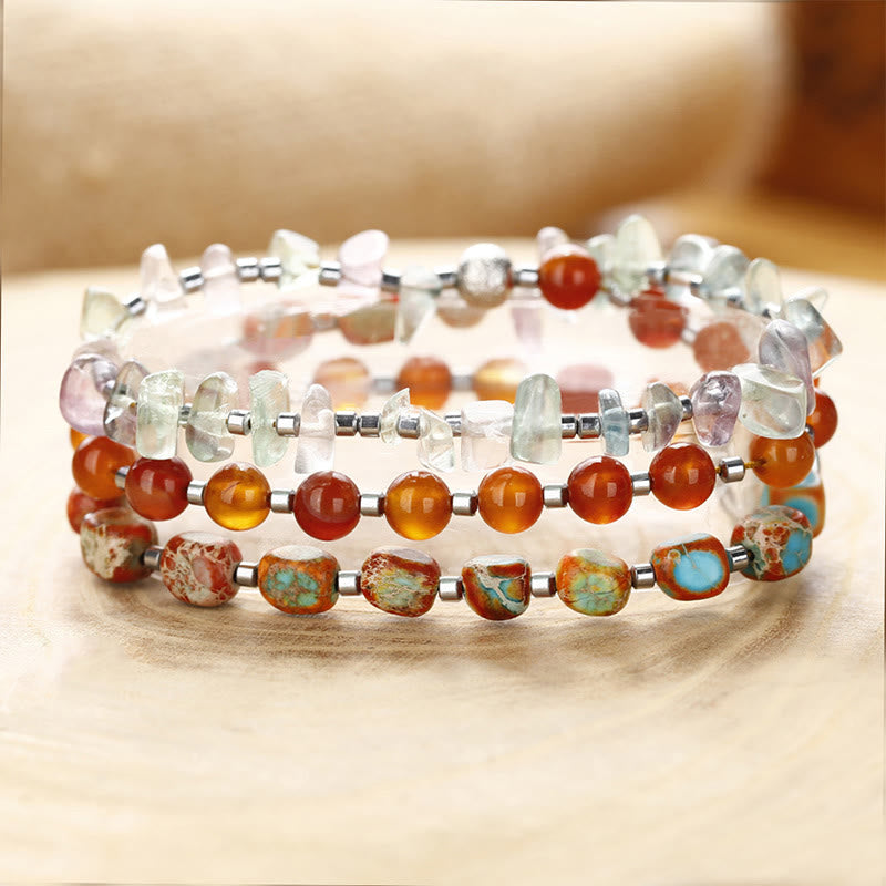 Pulsera triple vuelta con fluorita, ágata roja y piedra emperador.