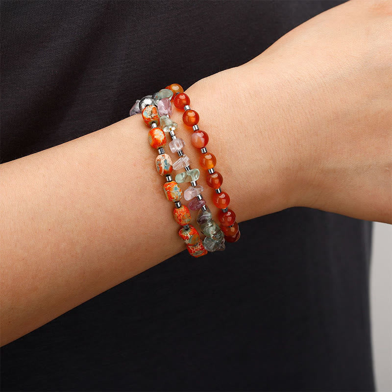Pulsera triple vuelta con fluorita, ágata roja y piedra emperador.