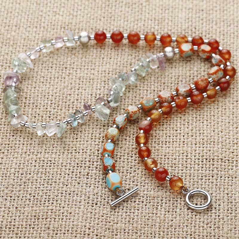Pulsera triple vuelta con fluorita, ágata roja y piedra emperador.