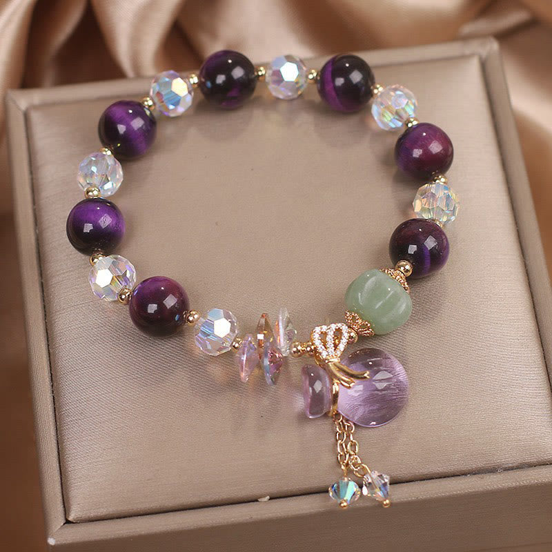 Pulsera de valentía con piedras de Buda, ojo de tigre morado, cristal blanco, amatista y jade