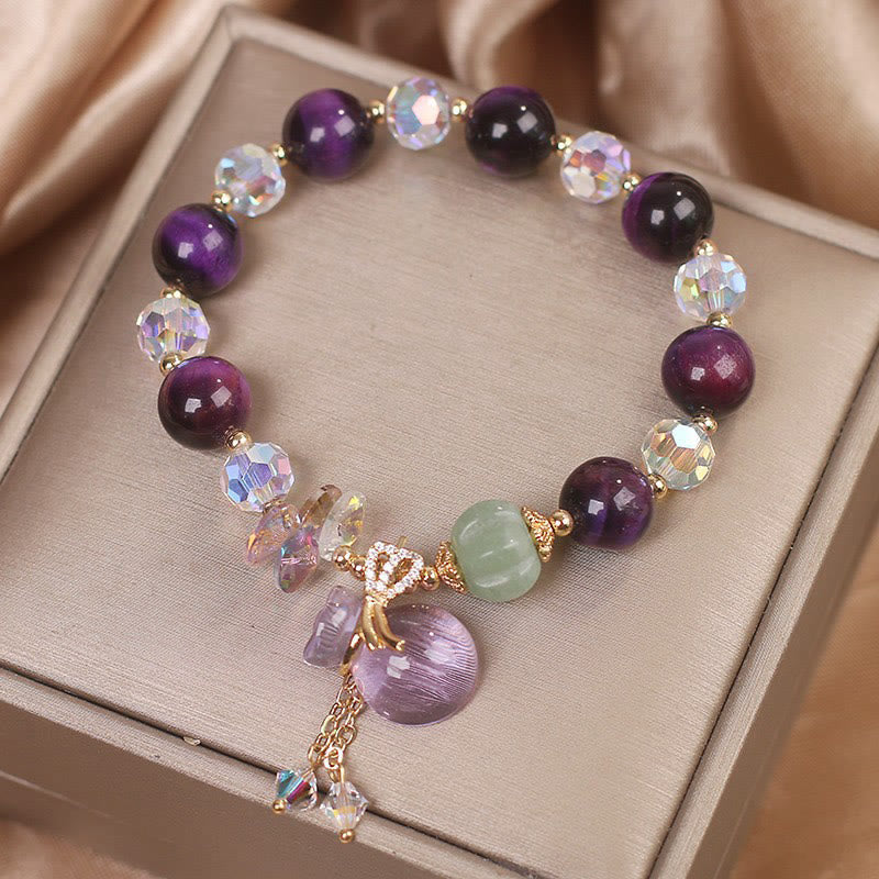 Pulsera de valentía con piedras de Buda, ojo de tigre morado, cristal blanco, amatista y jade