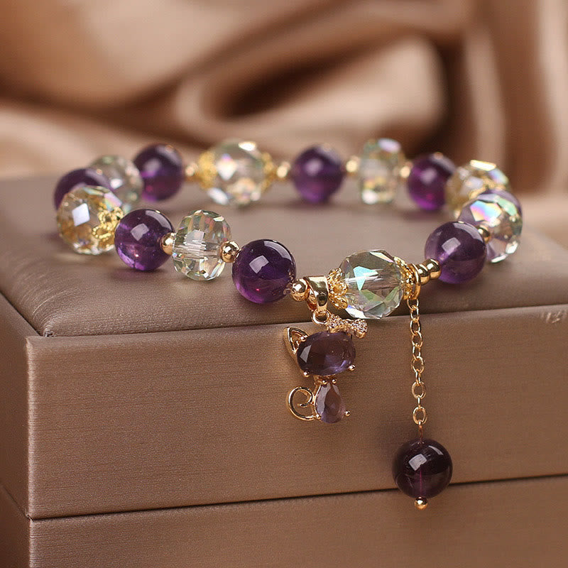 Pulsera de meditación con zorro de cristal blanco y amatista de Buddha Stones