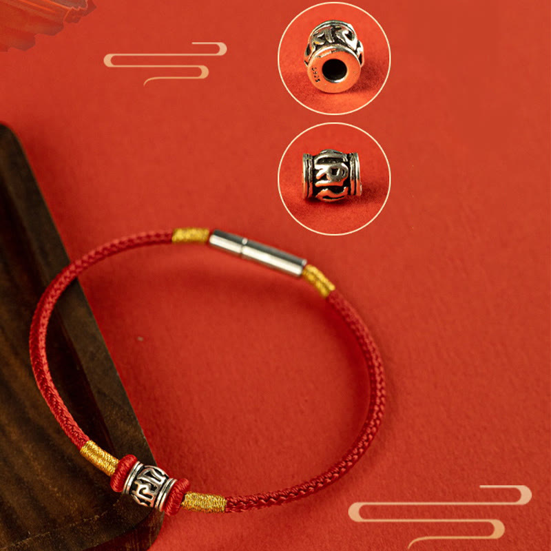 Pulsera de la Paz de Plata de Ley 925 con Piedras de Buda, Hilo Rojo y Hilo Negro, Seis Palabras Verdaderas
