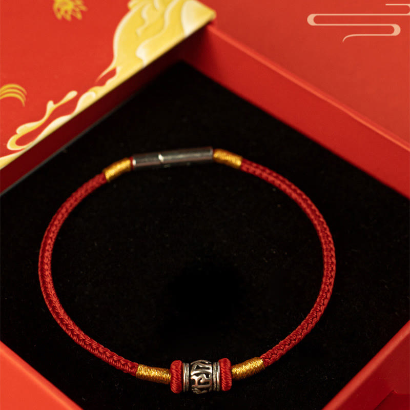 Pulsera de la Paz de Plata de Ley 925 con Piedras de Buda, Hilo Rojo y Hilo Negro, Seis Palabras Verdaderas