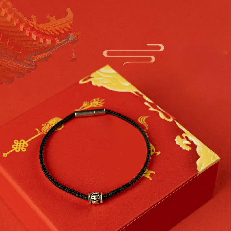 Pulsera de la Paz de Plata de Ley 925 con Piedras de Buda, Hilo Rojo y Hilo Negro, Seis Palabras Verdaderas