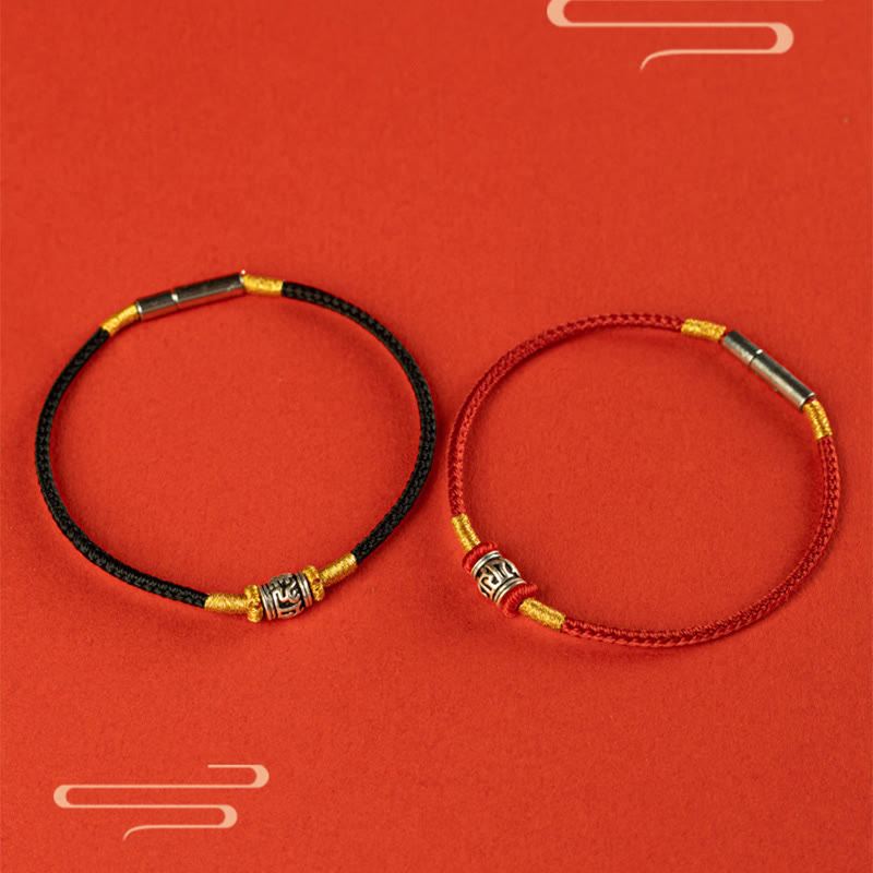 Pulsera de la Paz de Plata de Ley 925 con Piedras de Buda, Hilo Rojo y Hilo Negro, Seis Palabras Verdaderas