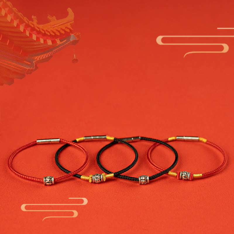 Pulsera de la Paz de Plata de Ley 925 con Piedras de Buda, Hilo Rojo y Hilo Negro, Seis Palabras Verdaderas
