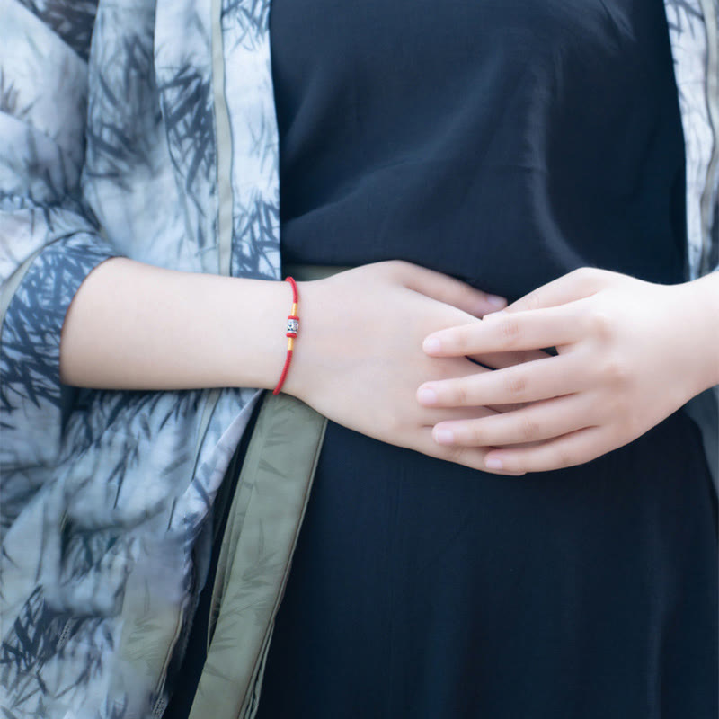 Pulsera de la Paz de Plata de Ley 925 con Piedras de Buda, Hilo Rojo y Hilo Negro, Seis Palabras Verdaderas