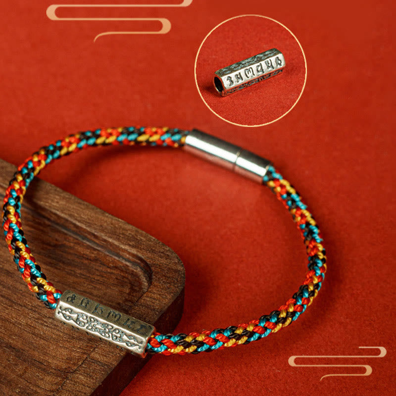 Pulsera de la suerte de plata de ley 925 con seis palabras verdaderas y hilo rojo y negro de piedras de Buda