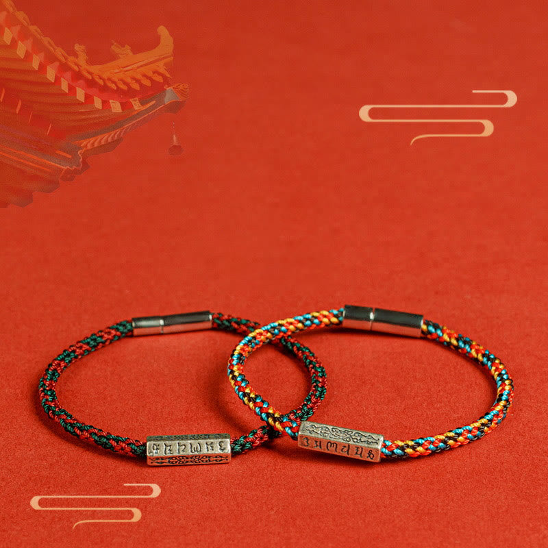 Pulsera de la suerte de plata de ley 925 con seis palabras verdaderas y hilo rojo y negro de piedras de Buda