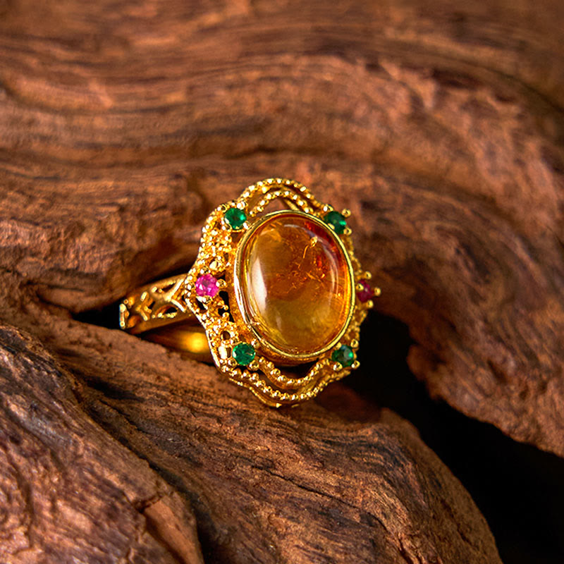 Buddha Stones Flower Amber Hollow Lace Confidence Verstellbarer Ring