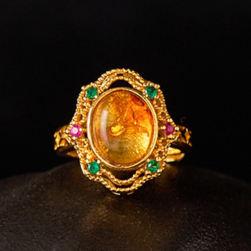 Buddha Stones Flower Amber Hollow Lace Confidence Verstellbarer Ring