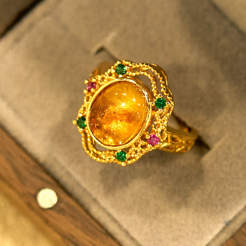 Buddha Stones Flower Amber Hollow Lace Confidence Verstellbarer Ring