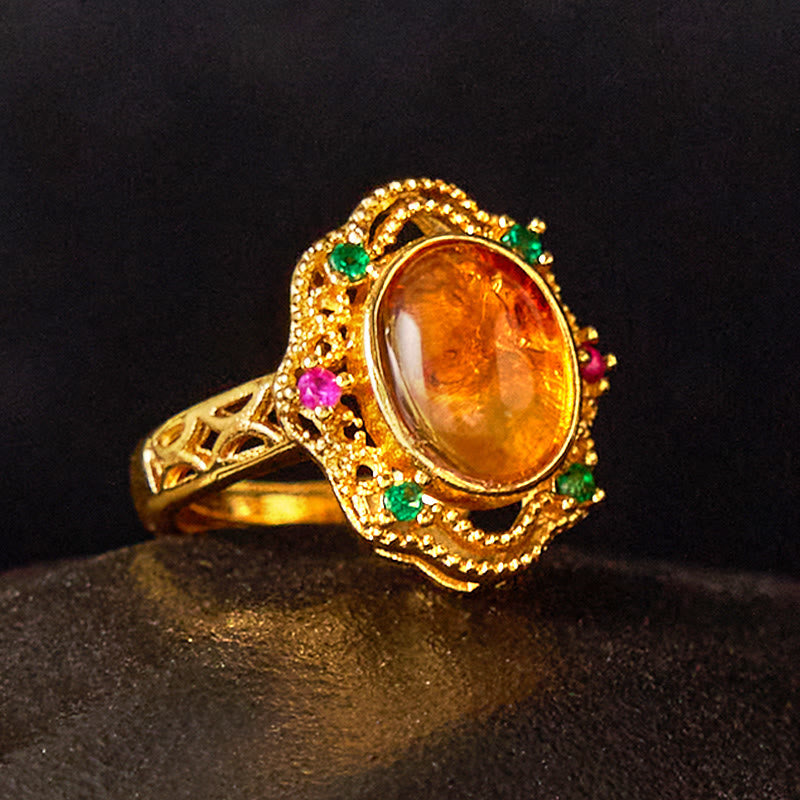 Buddha Stones Flower Amber Hollow Lace Confidence Verstellbarer Ring