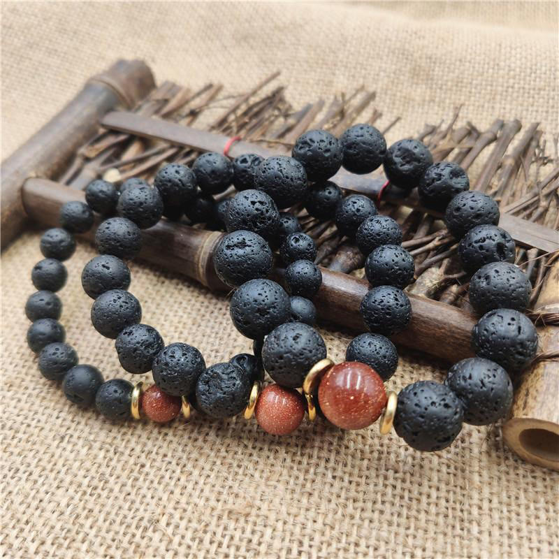 Pulsera curativa de piedra de lava de Buda, piedra dorada y arenisca azul