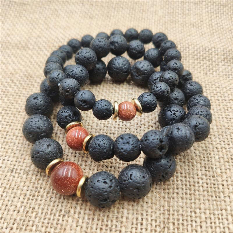 Pulsera curativa de piedra de lava de Buda, piedra dorada y arenisca azul