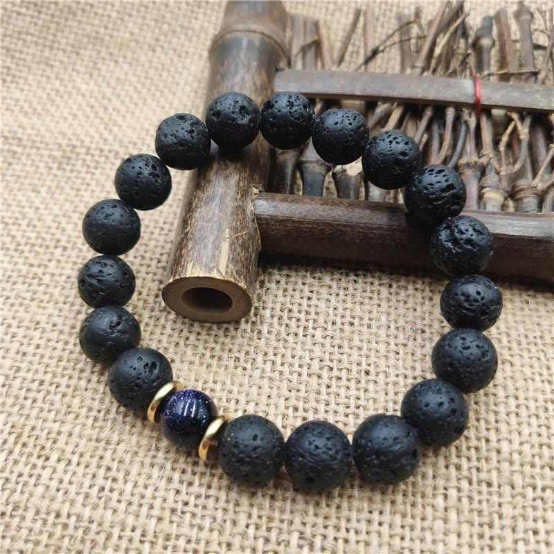 Pulsera curativa de piedra de lava de Buda, piedra dorada y arenisca azul