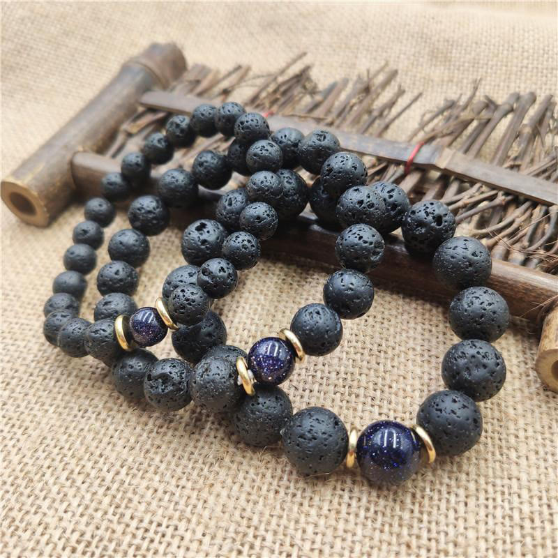 Pulsera curativa de piedra de lava de Buda, piedra dorada y arenisca azul