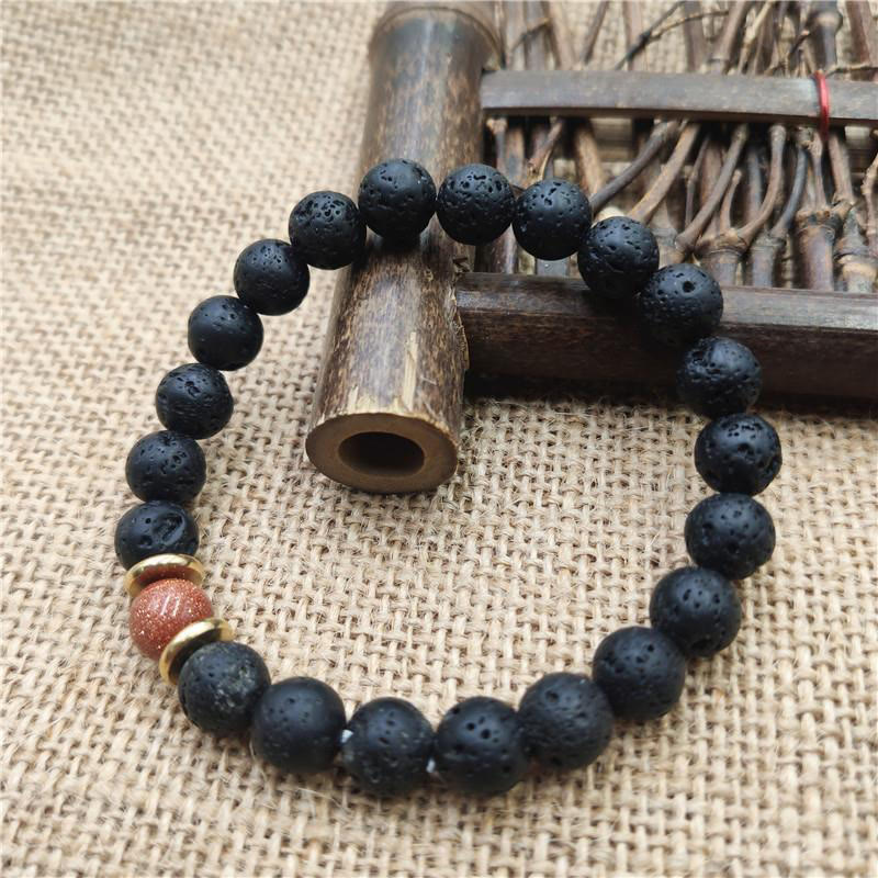Pulsera curativa de piedra de lava de Buda, piedra dorada y arenisca azul
