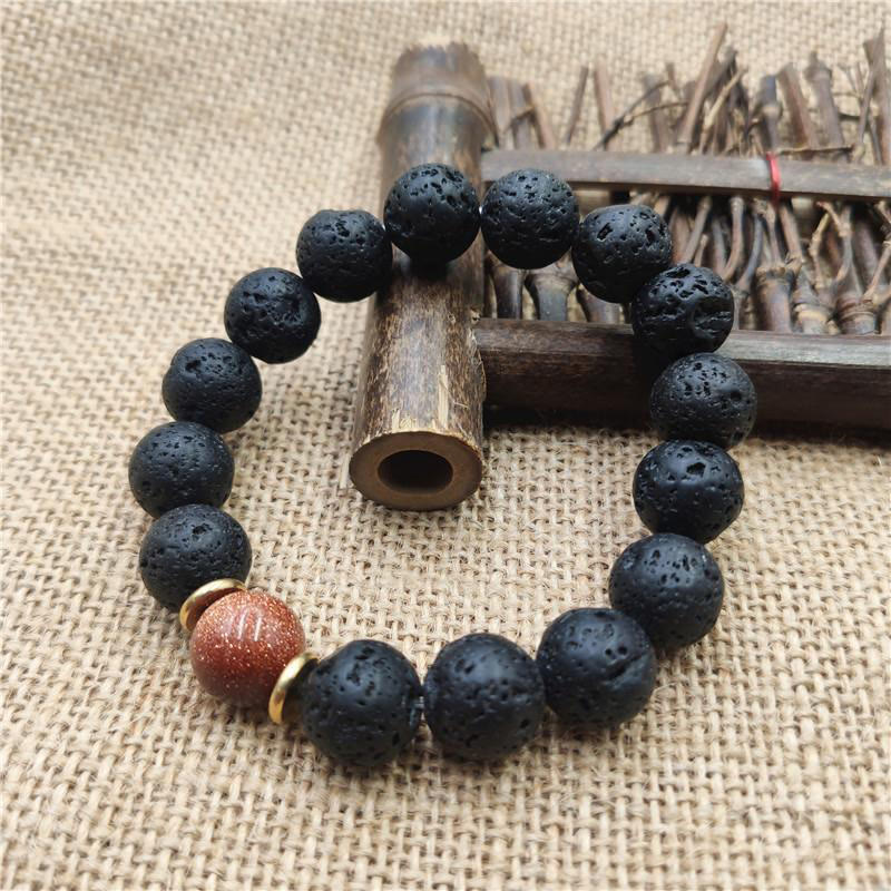 Pulsera curativa de piedra de lava de Buda, piedra dorada y arenisca azul