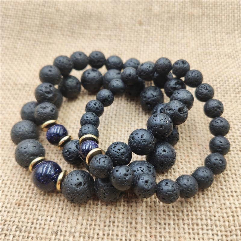 Pulsera curativa de piedra de lava de Buda, piedra dorada y arenisca azul