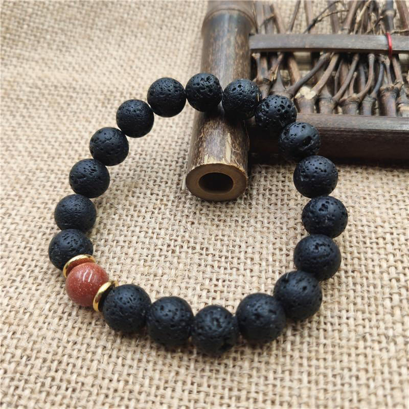 Pulsera curativa de piedra de lava de Buda, piedra dorada y arenisca azul