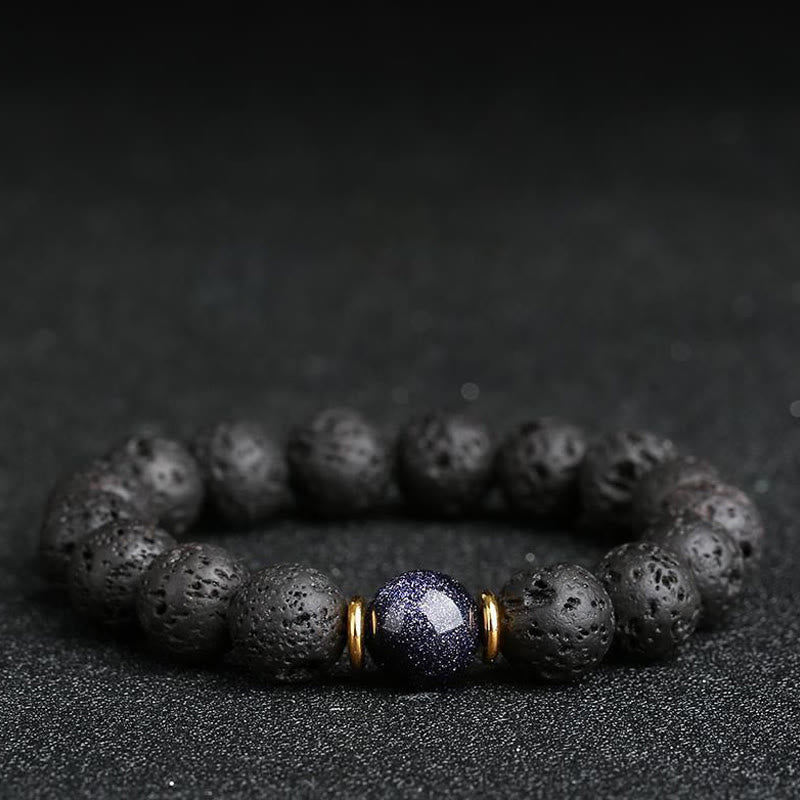 Pulsera curativa de piedra de lava de Buda, piedra dorada y arenisca azul