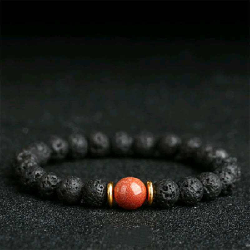 Pulsera curativa de piedra de lava de Buda, piedra dorada y arenisca azul