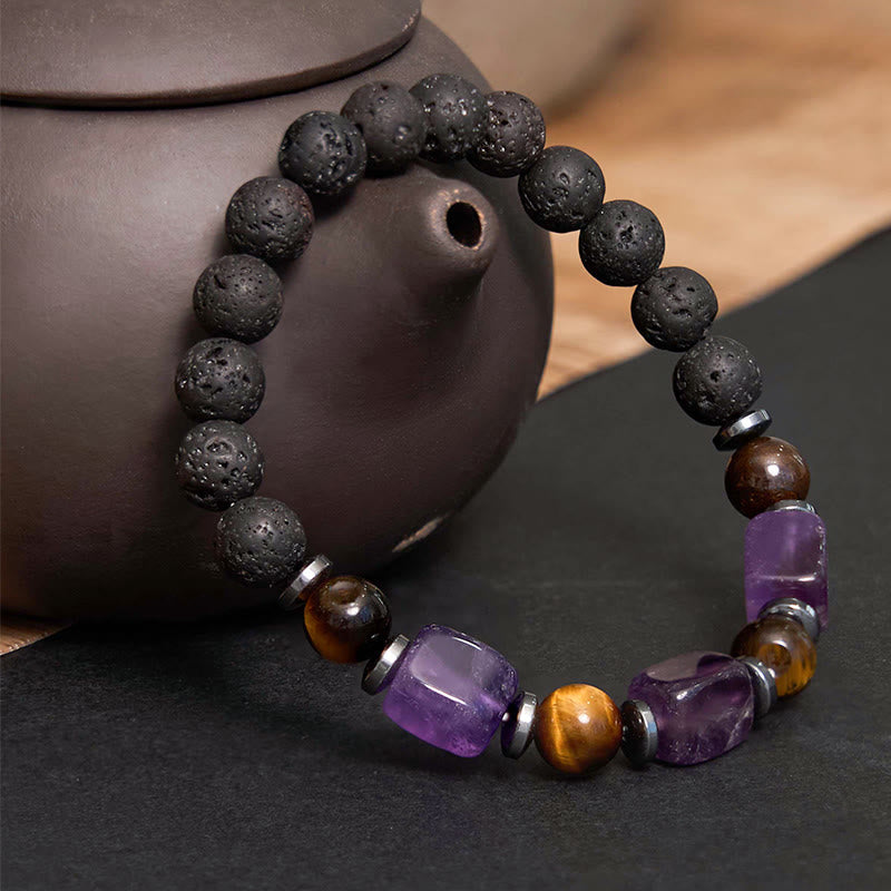 Pulsera de piedra de lava con cristales variados y piedras de Buda