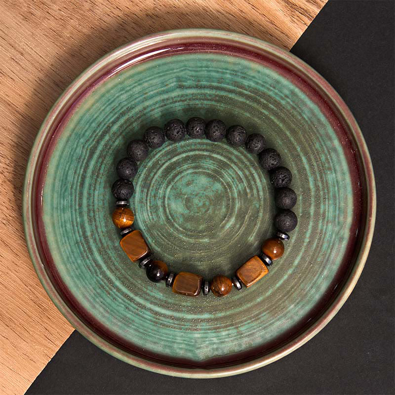 Pulsera de piedra de lava con cristales variados y piedras de Buda