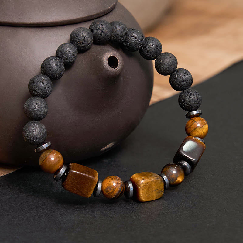 Pulsera de piedra de lava con cristales variados y piedras de Buda