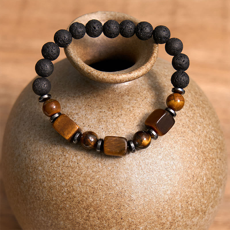 Pulsera de piedra de lava con cristales variados y piedras de Buda
