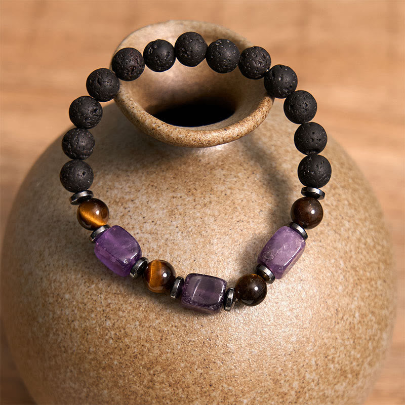 Pulsera de piedra de lava con cristales variados y piedras de Buda