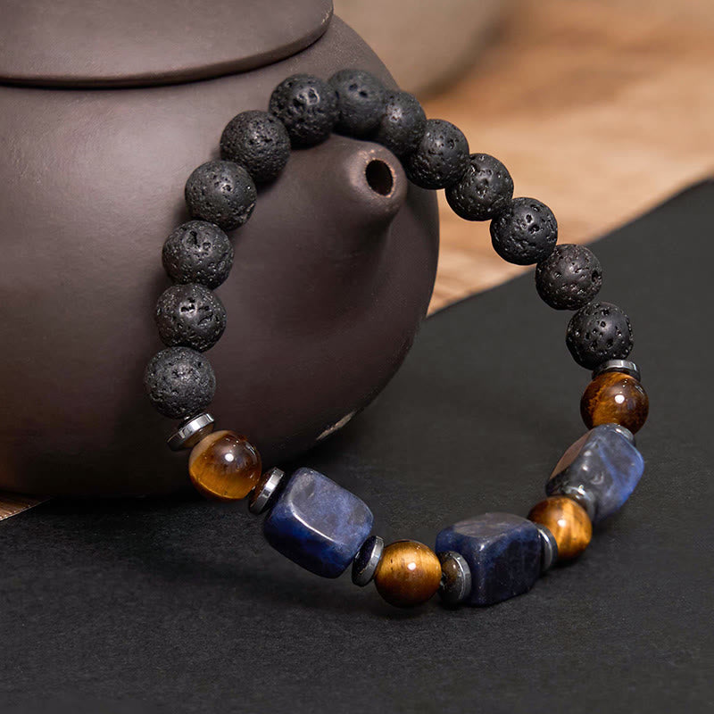 Pulsera de piedra de lava con cristales variados y piedras de Buda