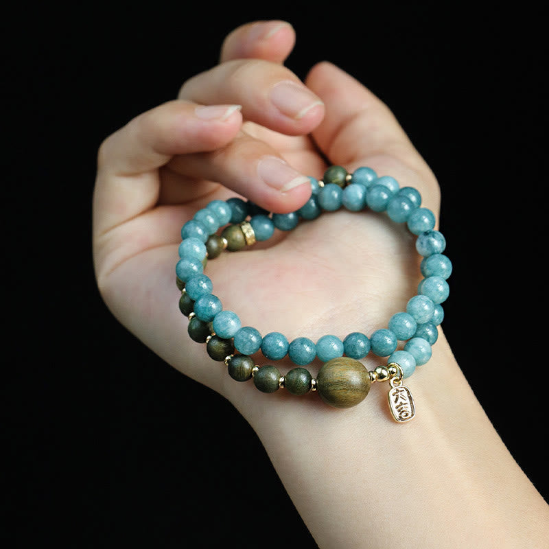 Pulsera de equilibrio emocional de doble vuelta con piedras de Buda, calcedonia azul, sándalo verde, hoja pequeña y sándalo rojo