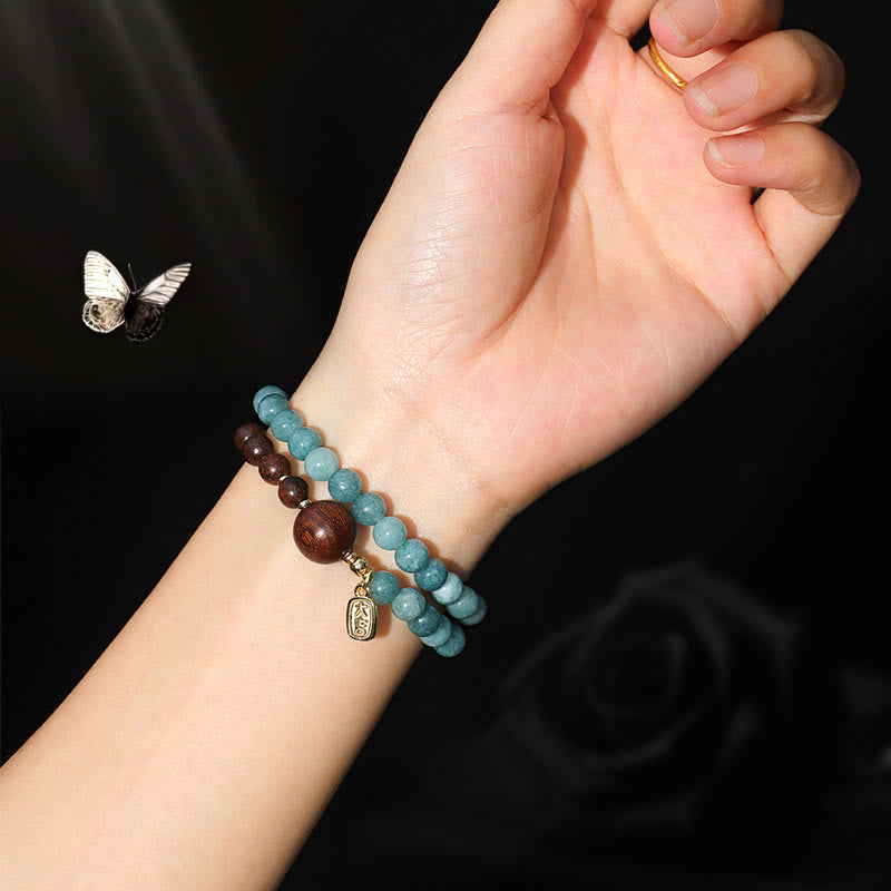 Pulsera de equilibrio emocional de doble vuelta con piedras de Buda, calcedonia azul, sándalo verde, hoja pequeña y sándalo rojo
