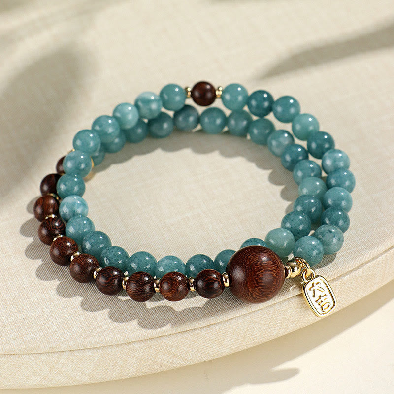 Pulsera de equilibrio emocional de doble vuelta con piedras de Buda, calcedonia azul, sándalo verde, hoja pequeña y sándalo rojo