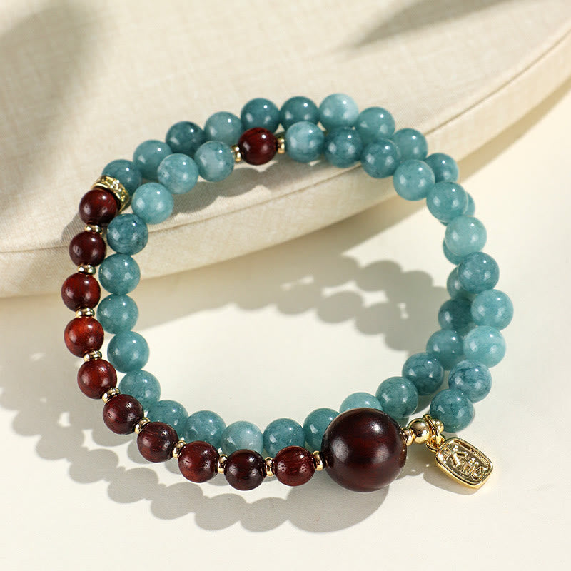 Pulsera de equilibrio emocional de doble vuelta con piedras de Buda, calcedonia azul, sándalo verde, hoja pequeña y sándalo rojo