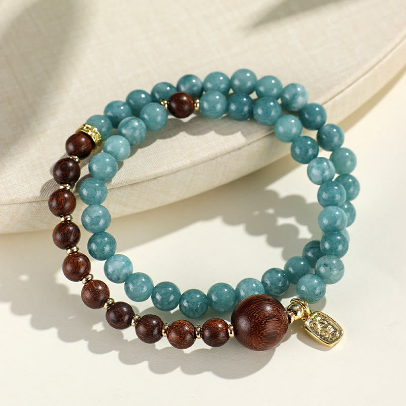 Pulsera de equilibrio emocional de doble vuelta con piedras de Buda, calcedonia azul, sándalo verde, hoja pequeña y sándalo rojo